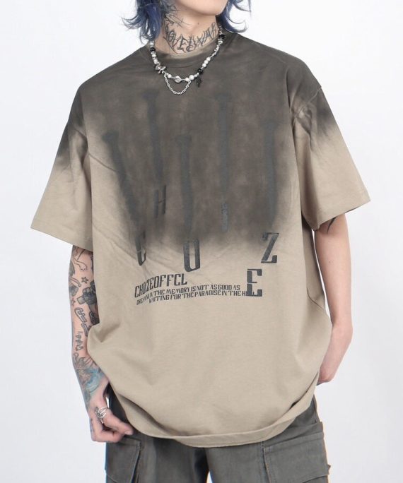 Vintage Khaki Gradient Color Print Cotton Men T Shirts Summer
