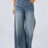 Vintage Light Blue Pockets Elastic Waist Denim Wide Leg Pants Summer