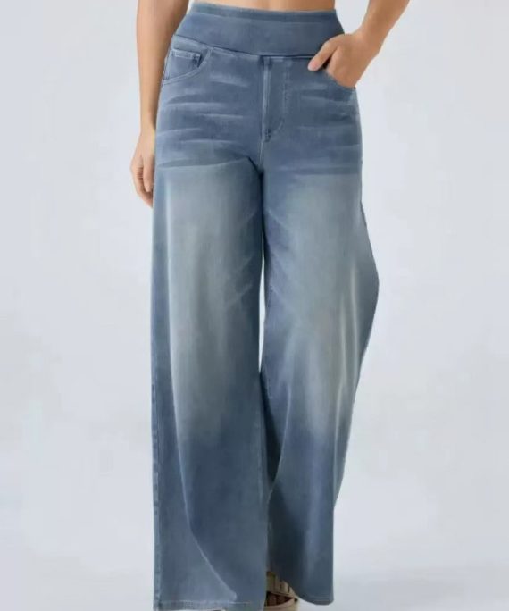 Vintage Light Blue Pockets Elastic Waist Denim Wide Leg Pants Summer