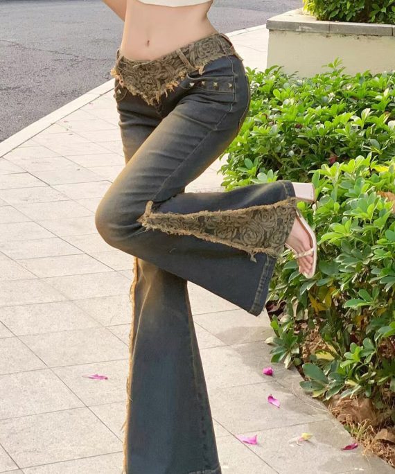 Vintage Low Waist Patchwork Lace Denim Flared Trousers Spring