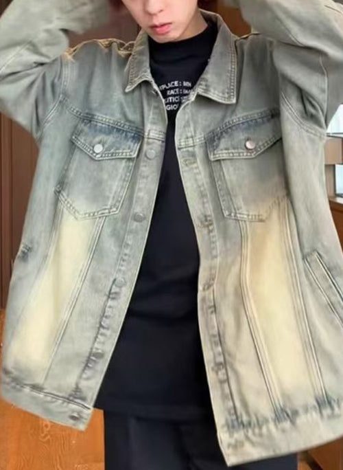 Vintage Mud Yellow Peter Pan Collar Button Denim Mens Coats Spring