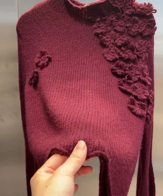 Vintage Mulberry Turtleneck Floral Cotton Knit Sweater Tops Spring