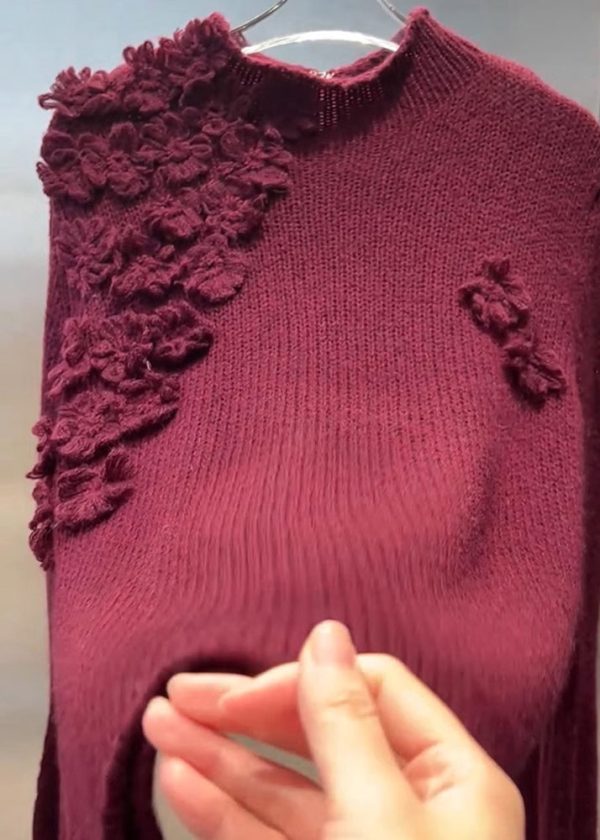 Vintage Mulberry Turtleneck Floral Cotton Knit Sweater Tops Spring - Image 5