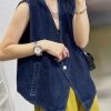 Vintage Navy Patchwork Button Denim Waistcoat Sleeveless