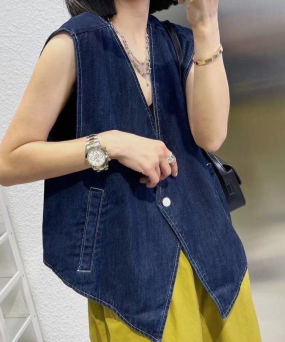 Vintage Navy Patchwork Button Denim Waistcoat Sleeveless