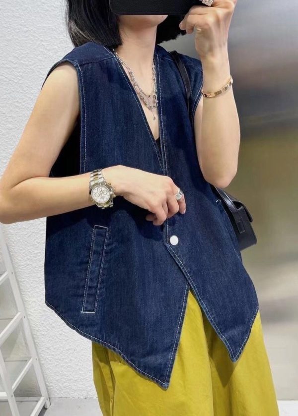 Vintage Navy Patchwork Button Denim Waistcoat Sleeveless