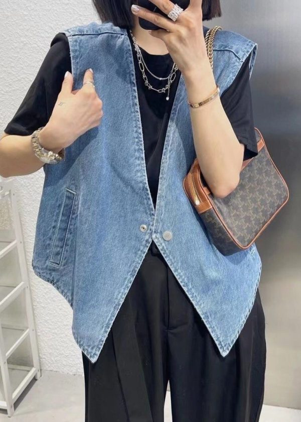 Vintage Navy Patchwork Button Denim Waistcoat Sleeveless - Image 2
