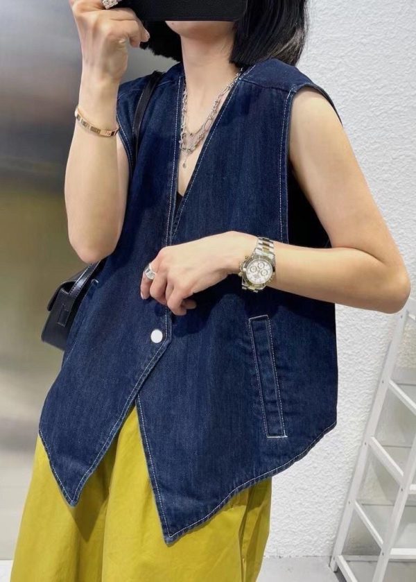 Vintage Navy Patchwork Button Denim Waistcoat Sleeveless - Image 5