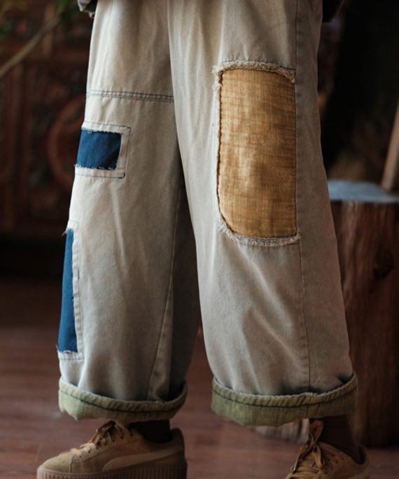 Vintage Photo Color Pockets Patchwork Thick Denim Men Crop Pants Spring