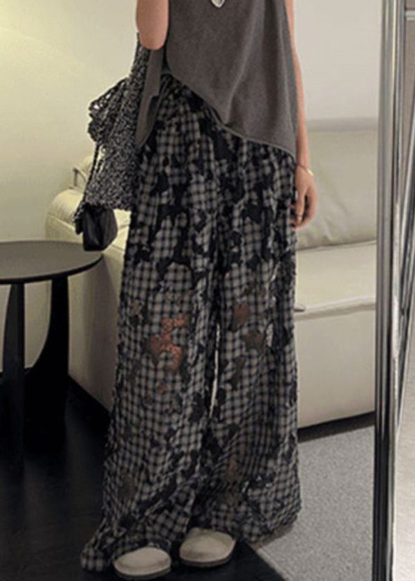 Vintage Plaid Hollow Out Patchwork Wide Leg Pants Spring - Image 2