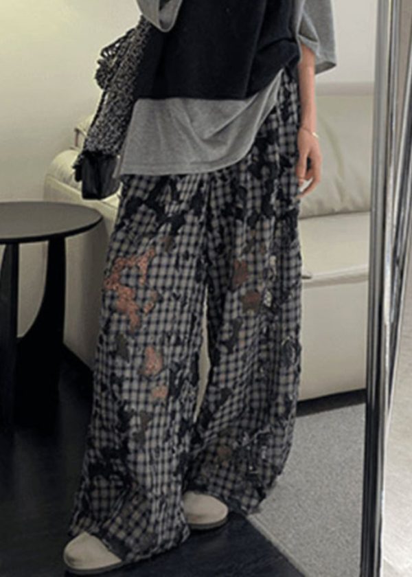 Vintage Plaid Hollow Out Patchwork Wide Leg Pants Spring - Image 3