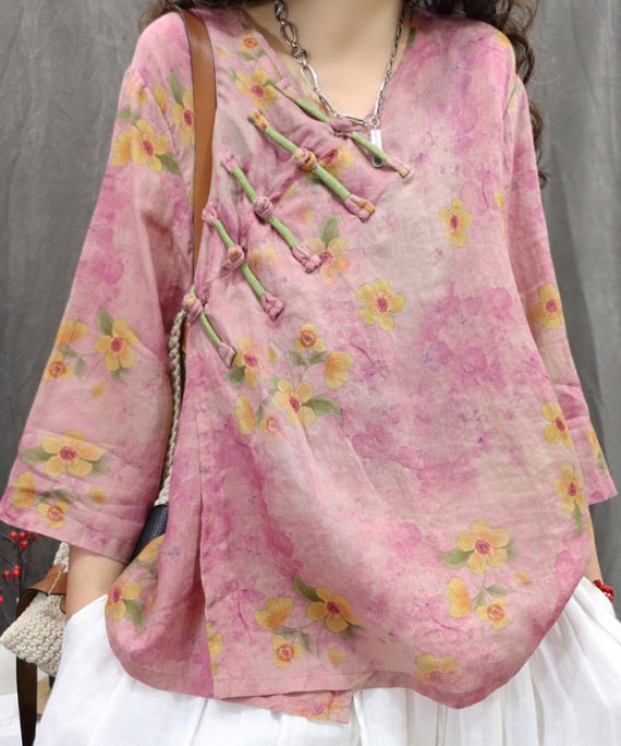 Vintage Purple V Neck Chinese Button Linen Shirt Spring