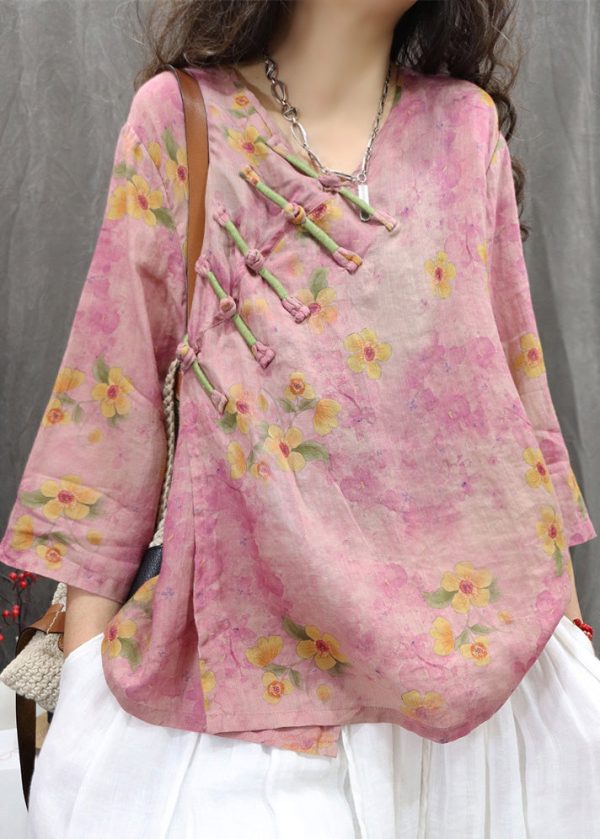 Vintage Purple V Neck Chinese Button Linen Shirt Spring