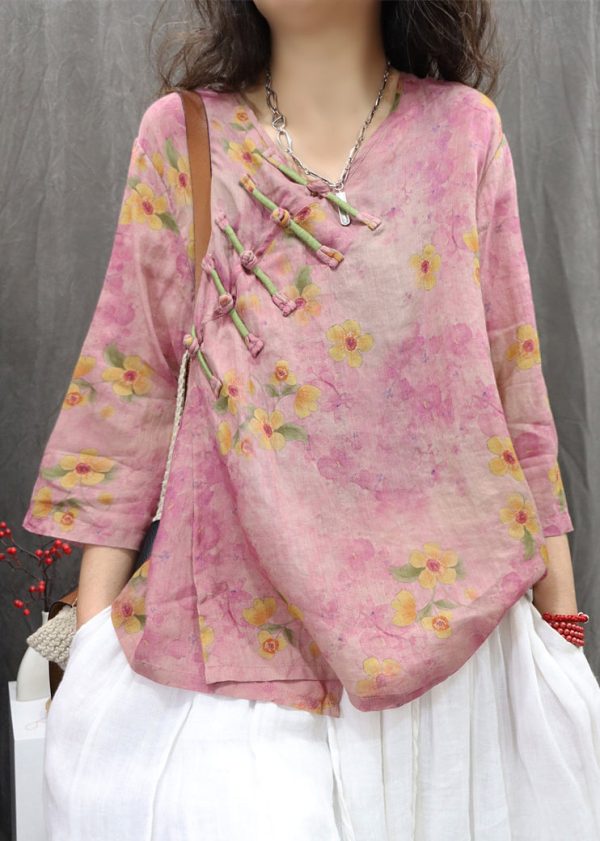 Vintage Purple V Neck Chinese Button Linen Shirt Spring - Image 2
