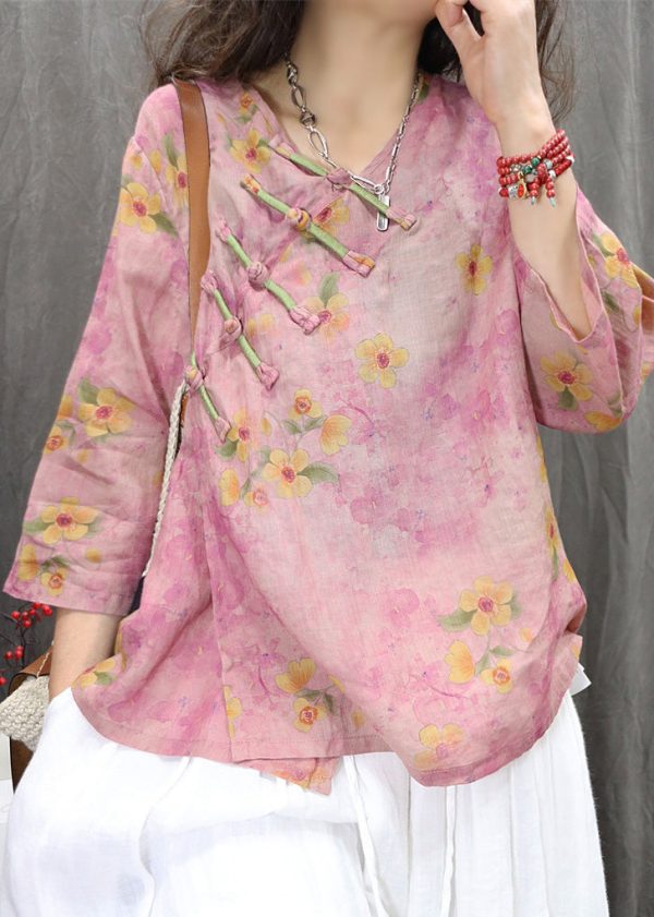Vintage Purple V Neck Chinese Button Linen Shirt Spring - Image 3