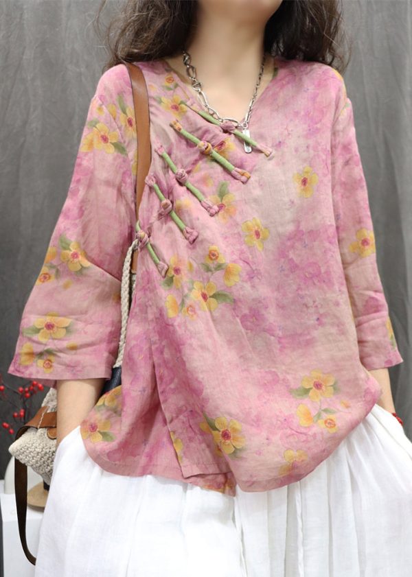 Vintage Purple V Neck Chinese Button Linen Shirt Spring - Image 4