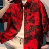 Vintage Red Button Print Pockets Cotton Men Shirts Half Sleeve