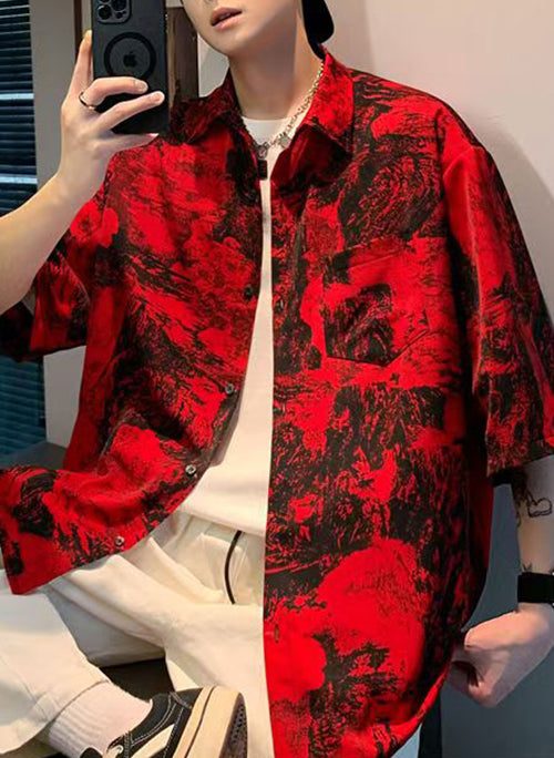 Vintage Red Button Print Pockets Cotton Men Shirts Half Sleeve