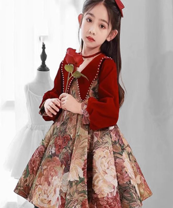 Vintage Red Peter Pan Collar Print Kids Maxi Dress Spring