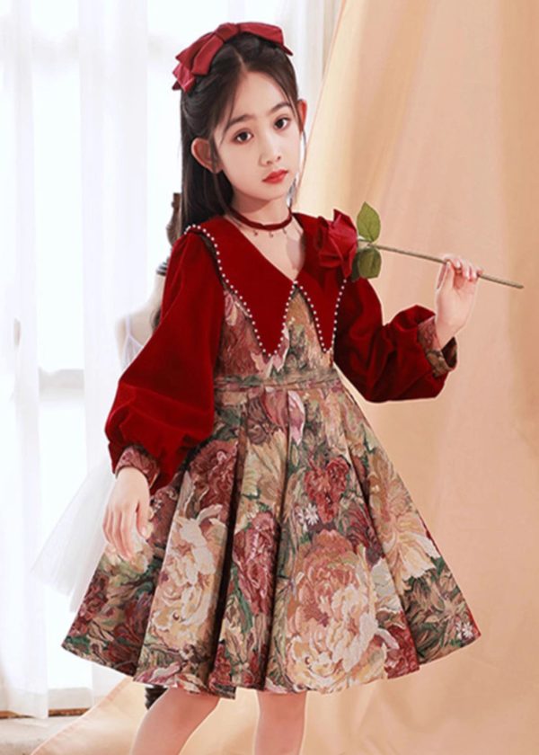 Vintage Red Peter Pan Collar Print Kids Maxi Dress Spring - Image 2