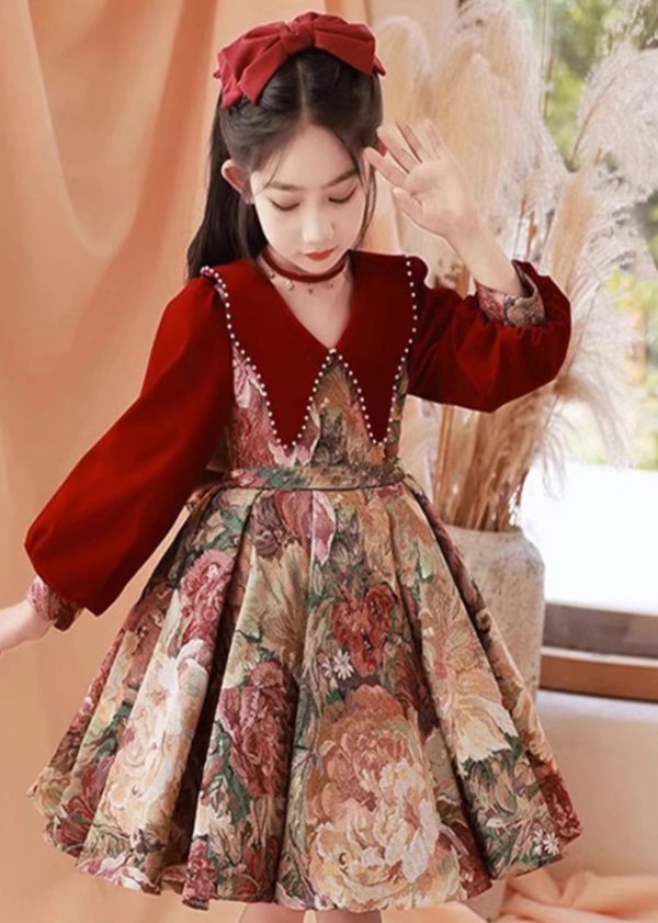 Vintage Red Peter Pan Collar Print Kids Maxi Dress Spring - Image 3