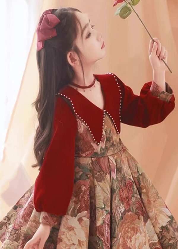Vintage Red Peter Pan Collar Print Kids Maxi Dress Spring - Image 4