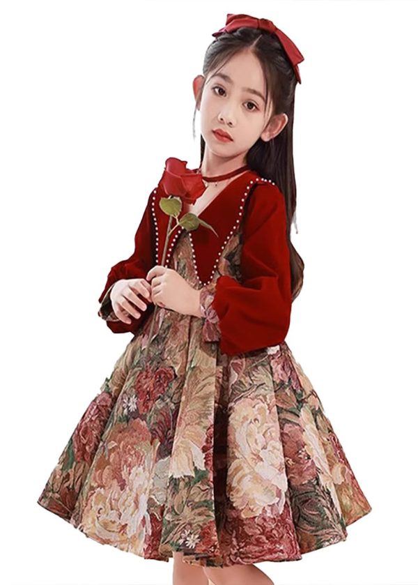 Vintage Red Peter Pan Collar Print Kids Maxi Dress Spring - Image 5