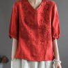 Vintage Red V Neck Embroideried Top Half Sleeve