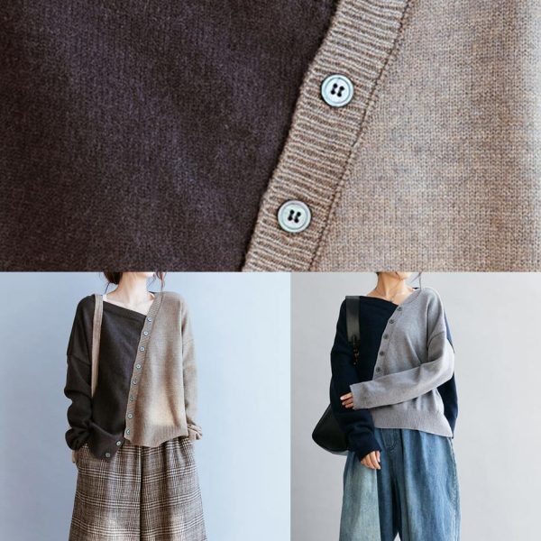 Vintage blue clothes v neck patchwork Loose fitting fall sweaters - Image 5