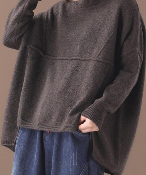 Vintage chocolate knitted top trendy plus size patchwork sweaters asymmetric hem