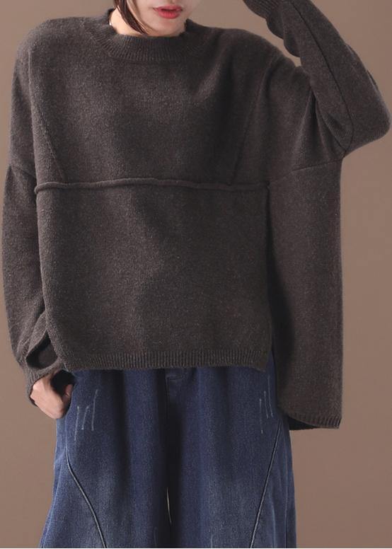 Vintage chocolate knitted top trendy plus size patchwork sweaters asymmetric hem - Image 2