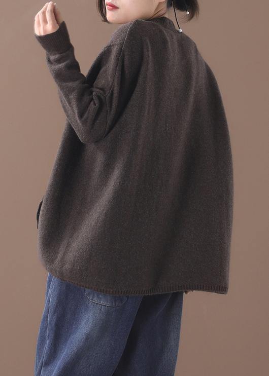 Vintage chocolate knitted top trendy plus size patchwork sweaters asymmetric hem - Image 3