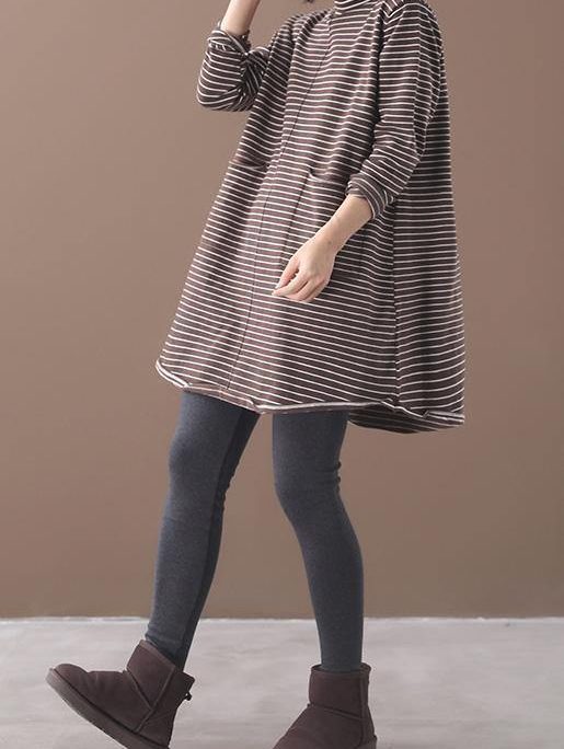 Vintage chocolate striped knitwear oversize high neck asymmetric clothes