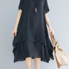 Vivid black linen-cotton tunics for women plus size Fabrics o neck asymmetric oversized Summer Dress