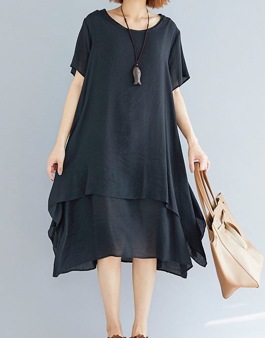 Vivid black linen-cotton tunics for women plus size Fabrics o neck asymmetric oversized Summer Dress