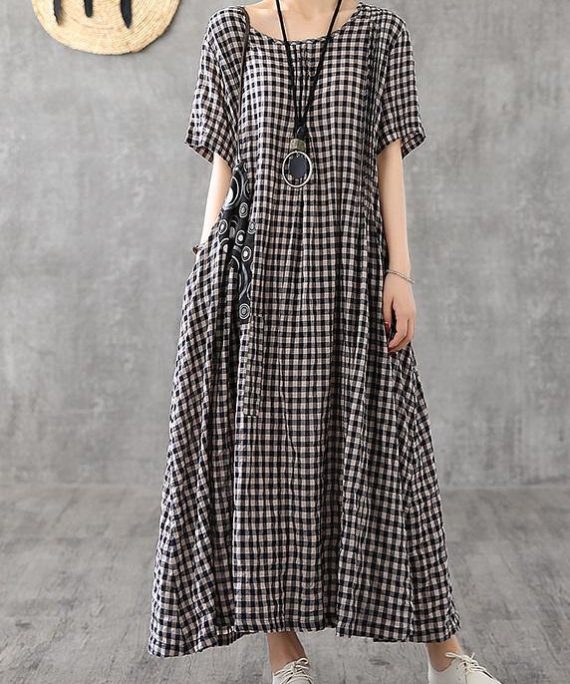 Vivid patchwork linen quilting dresses Runway black plaid Dresses summer