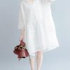 Vivid white Cotton tunic dress v neck half sleeve short Dresses