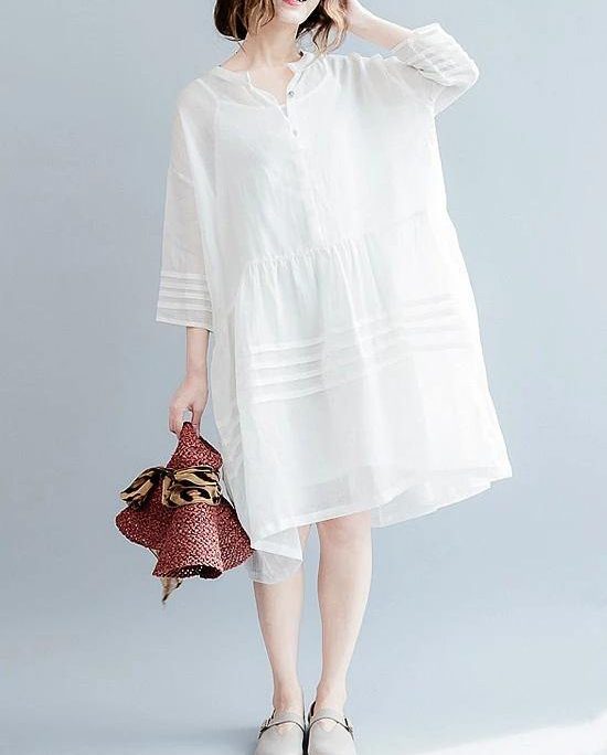 Vivid white Cotton tunic dress v neck half sleeve short Dresses