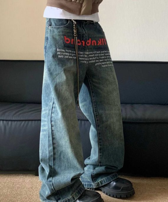 Vogue Denim Blue Graphic Print Patchwork Men Pants