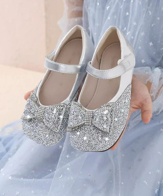 Vogue Silvery Bow Silvery Splicing Buckle Strap Girls Flat Feet Shoes