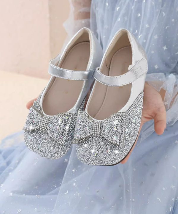 Vogue Silvery Bow Silvery Splicing Buckle Strap Girls Flat Feet Shoes