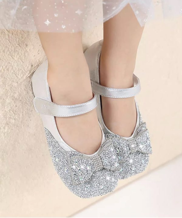 Vogue Silvery Bow Silvery Splicing Buckle Strap Girls Flat Feet Shoes - Image 3