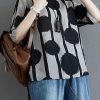 Water Ink Polka Dot Stripe Printed Cotton Linen T-shirt
