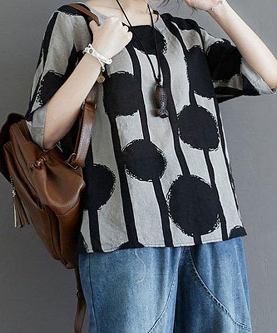 Water Ink Polka Dot Stripe Printed Cotton Linen T-shirt