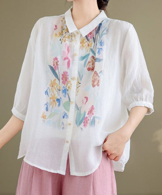 White Button Linen Shirt Peter Pan Collar Summer