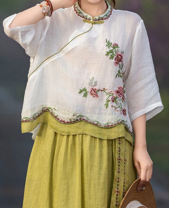 White Button Patchwork Linen Blouses Embroidered Summer