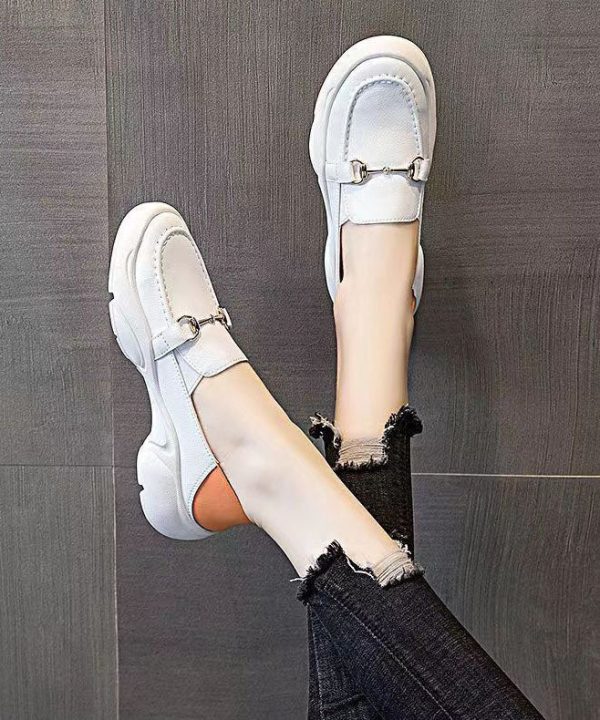 White Faux Leather Casual Comfy Splicing Penny Loafers Women - Image 4