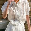 White Hollow Out Cotton Summer Shirts Peter Pan Collar