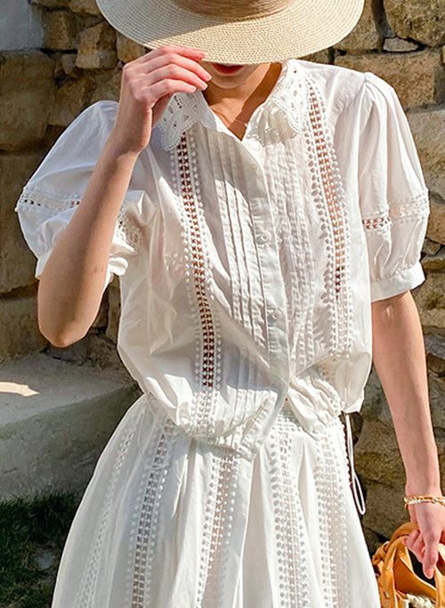 White Hollow Out Cotton Summer Shirts Peter Pan Collar