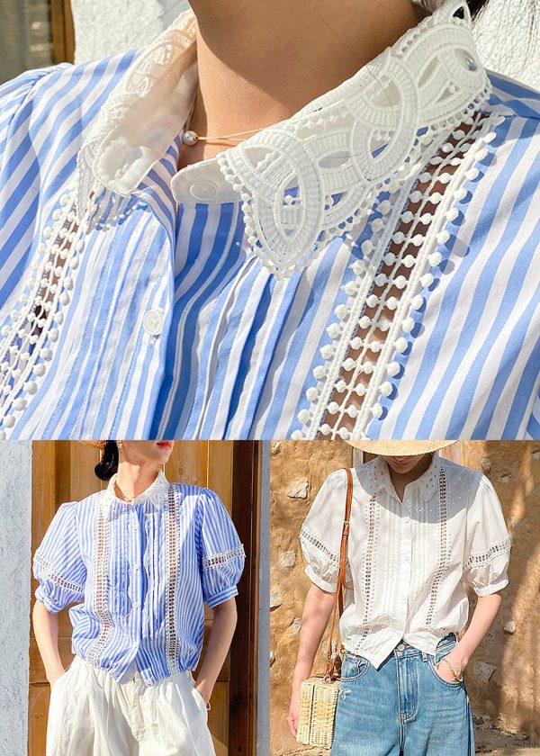 White Hollow Out Cotton Summer Shirts Peter Pan Collar - Image 5